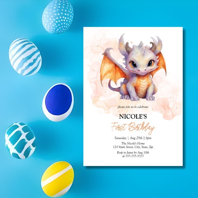Fairytale Cute Baby Dragon Kids Birthday Invitation (Creator Uploaded)