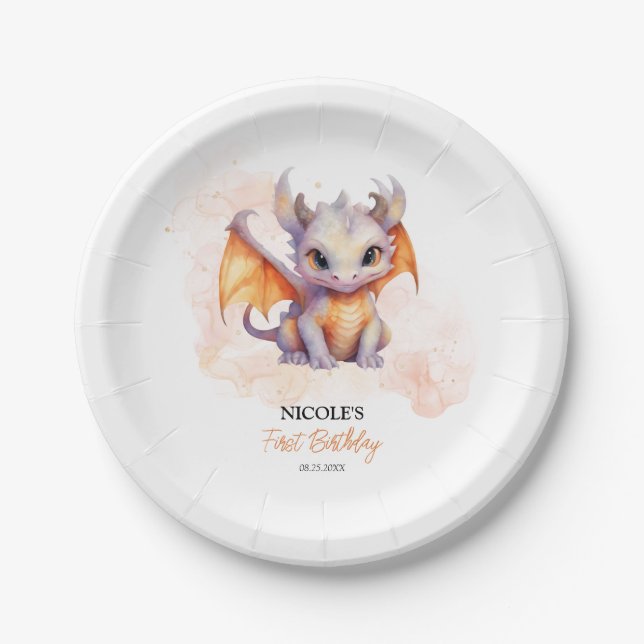 Fairytale Cute Baby Dragon Kids Birthday Paper Plates (Front)
