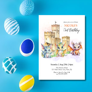 Fairytale Cute Baby Dragons Castle Birthday Invitation