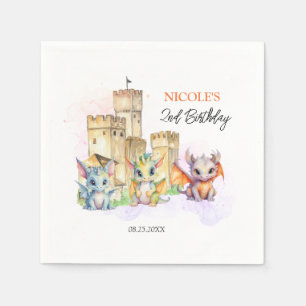 Fairytale Cute Baby Dragons Castle Birthday Napkins