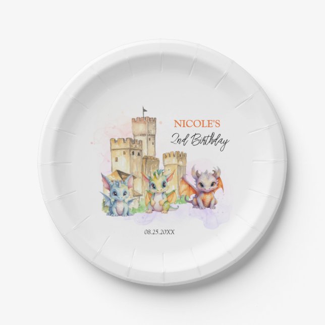 Fairytale Cute Baby Dragons Castle Birthday Paper Plates (Front)
