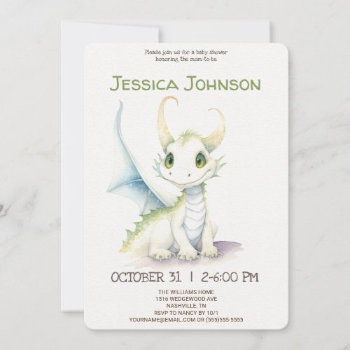 Fairytale Cute White Dragon Baby Shower Invitation