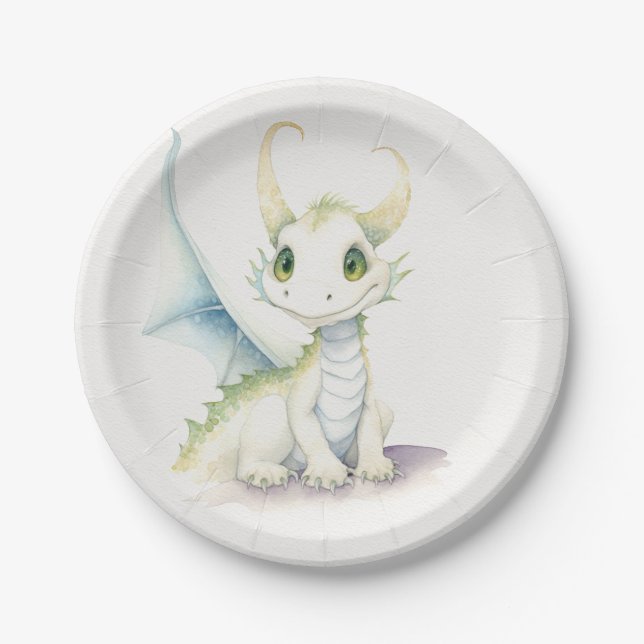 Fairytale Cute White Dragon  Paper Plates (Front)