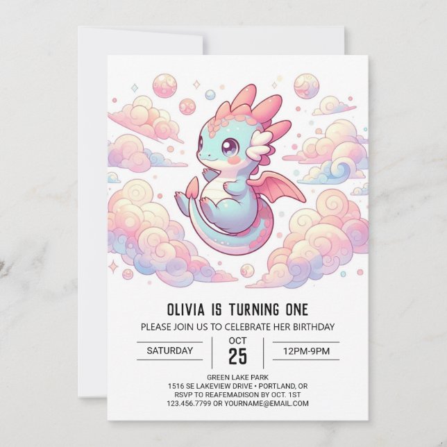 Fairytale Dragon 1st Birthday Invitation (Front)