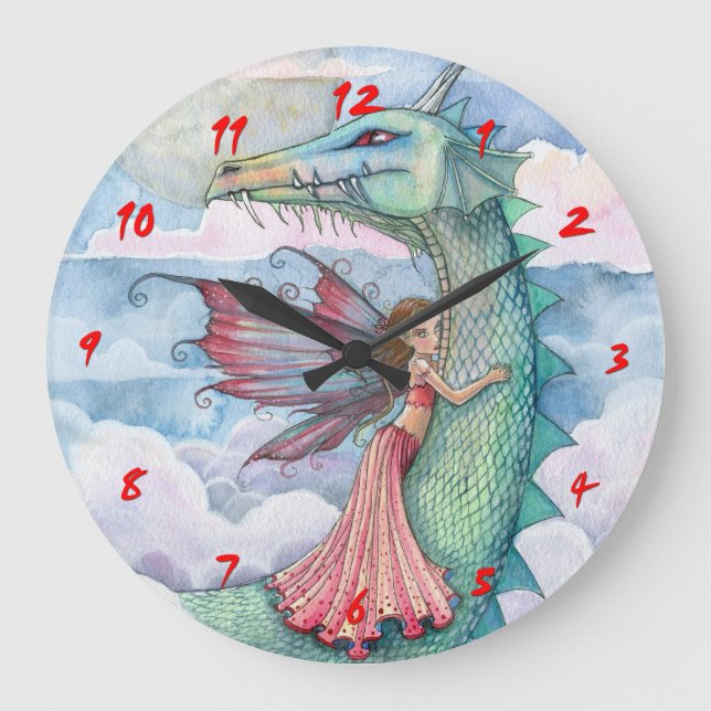 Fairytale Dragon and Fairy Girls Wall Clock (Front)