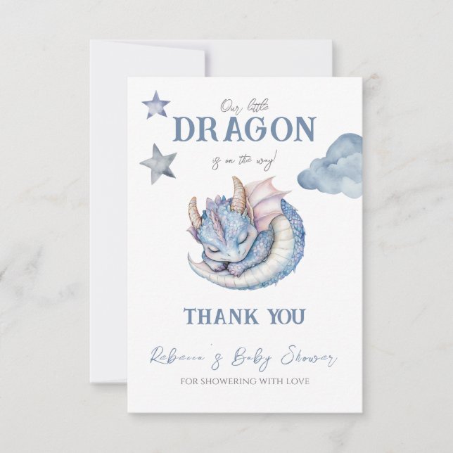Fairytale Dreamy Blue Dragon Baby Shower Thank You Card (Front)