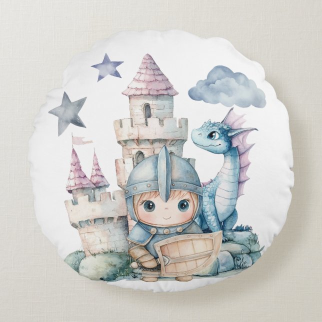 Fairytale Dreamy Dragon Blue Knight Baby Shower  Round Pillow (Front)