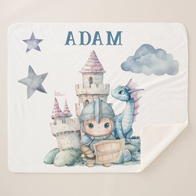 Fairytale Dreamy Dragon Blue Knight Baby Shower  Sherpa Blanket (Front (Horizontal))
