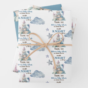 Fairytale Dreamy Dragon Blue Knight Baby Shower Wrapping Paper Sheets