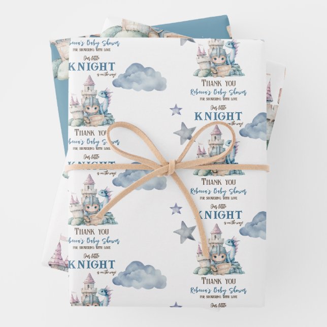 Fairytale Dreamy Dragon Blue Knight Baby Shower  Wrapping Paper Sheets (In situ)