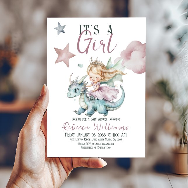 Fairytale Dreamy Dragon Pink Princess Baby Shower  Invitation (Creator Uploaded)