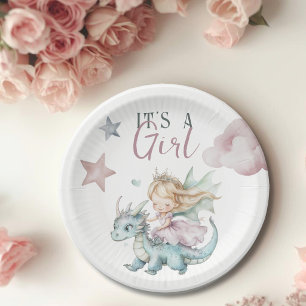 Fairytale Dreamy Dragon Pink Princess Baby Shower Paper Plates