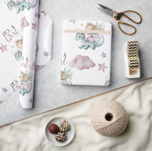 Fairytale Dreamy Dragon Pink Princess Baby Shower Wrapping Paper