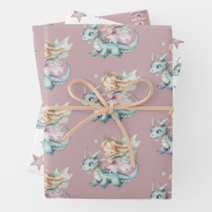 Fairytale Dreamy Dragon Pink Princess Baby Shower  Wrapping Paper Sheets