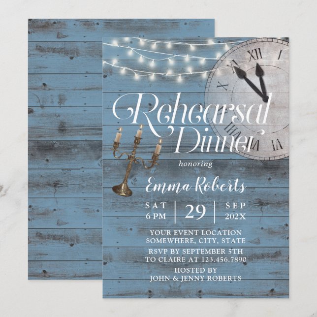 Fairytale Dusty Blue Barn Wedding Rehearsal Dinner Invitation (Front/Back)