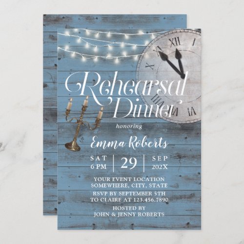 Fairytale Dusty Blue Barn Wedding Rehearsal Dinner Invitation