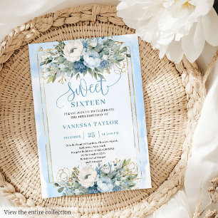 Fairytale Dusty Blue White Gold Flowers Sweet 16 Invitation