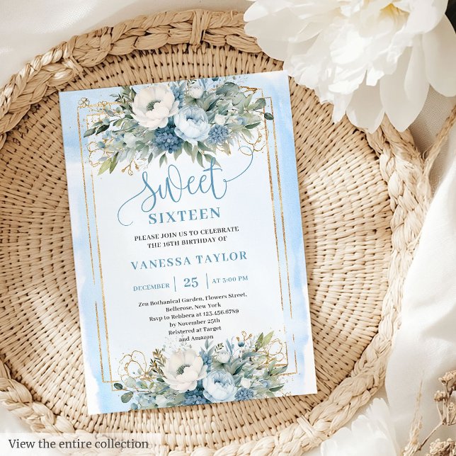 Fairytale Dusty Blue White Gold Flowers Sweet 16  Invitation (Fairytale Dusty Blue White Gold Flowers Sweet 16 Invitation)