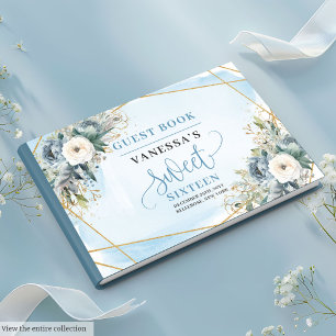 Fairytale Dusty Blue White Gold Flowers Sweet 16th Guest Book