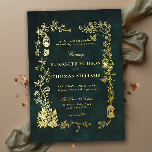 Fairytale Emerald Green Lantern Fairycore Wedding Foil Invitation