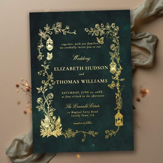 Fairytale Emerald Green Lantern Fairycore Wedding  Foil Invitation (fairycore wedding invitation woodland lanterns wild roses vines butterflies ferns emerald green gold)