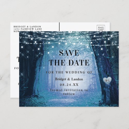 Fairytale Enchanted Forest Blue Save The Date Announcement Postcard
