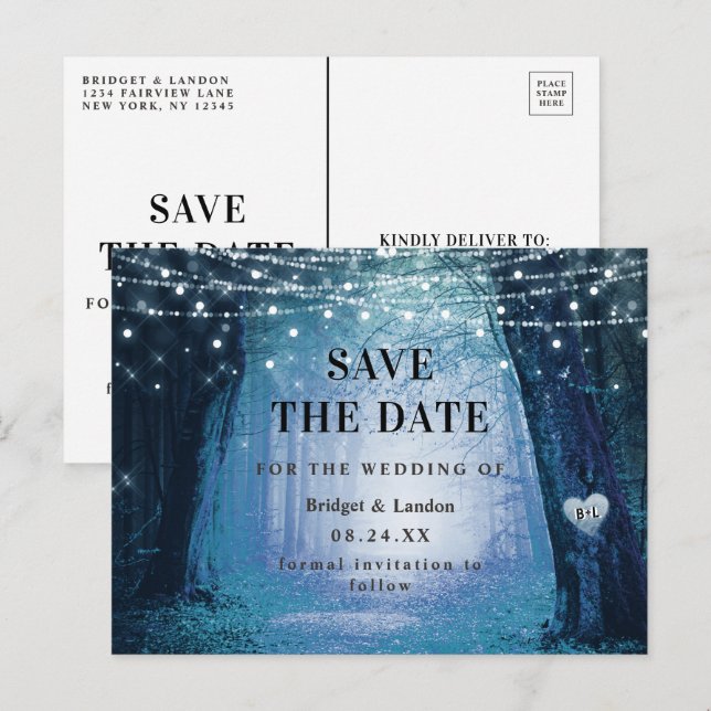 Fairytale Enchanted Forest Blue Save The Date Announcement Postcard (Front/Back)