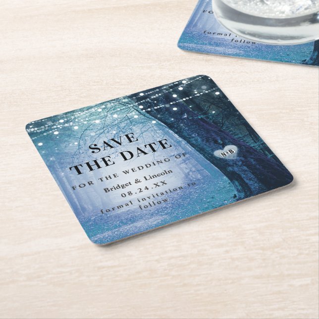 Fairytale Enchanted Forest Dark Blue Save The Date Square Paper Coaster (Angled)