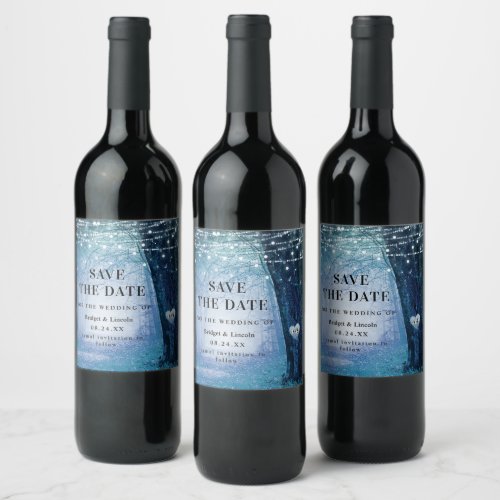 Fairytale Enchanted Forest Dark Blue Save The Date Wine Label