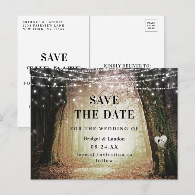 Fairytale Enchanted Forest Golden Save The Date Announcement Postcard (Front/Back)