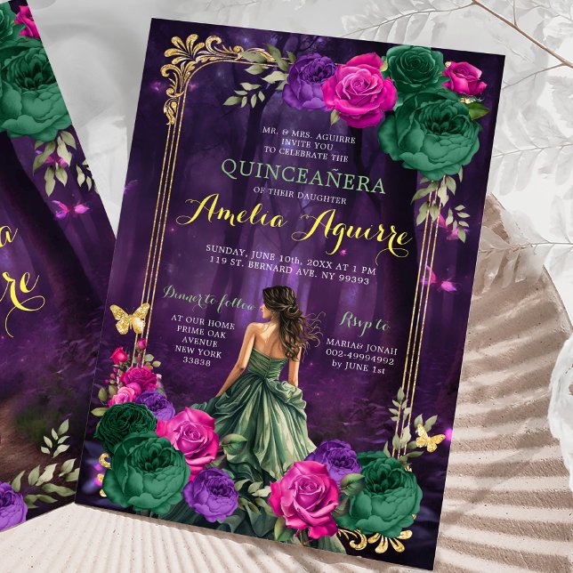 Fairytale Enchanted Forest Lilac Green Quinceañera Invitation (Creator Uploaded)