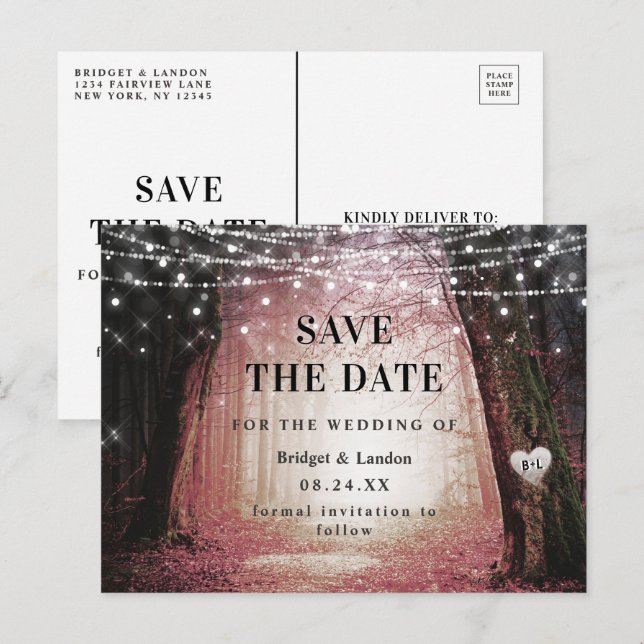 Fairytale Enchanted Forest Pink Save The Date Announcement Postcard (Front/Back)