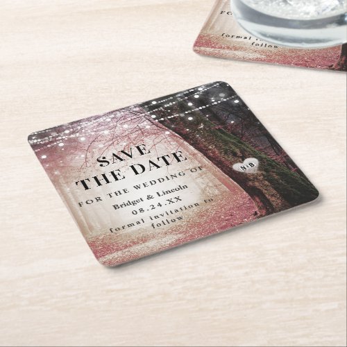 Fairytale Enchanted Forest Rose Pink Save The Date Square Paper Coaster