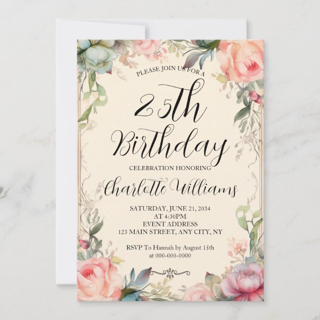 Fairytale Floral 25th Birthday Invitation (Front)