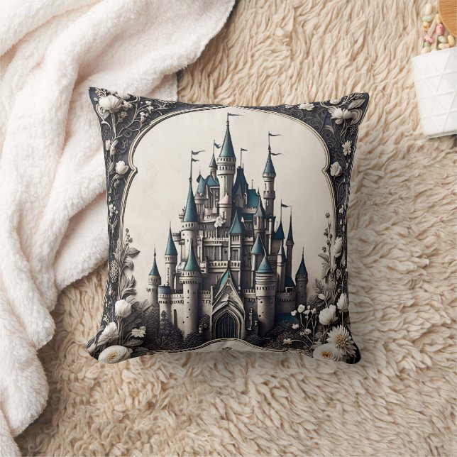 Fairytale Floral Castle Throw Pillow (Blanket)