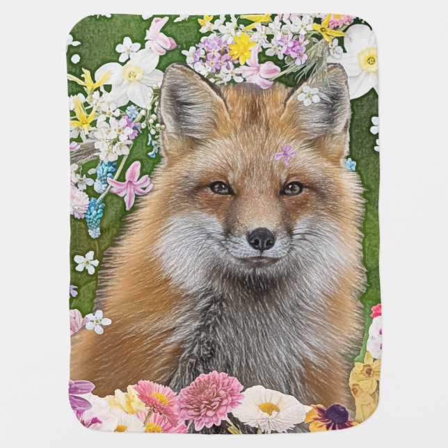 Fairytale Fox in Field of Flowers Baby Blanket (Front)