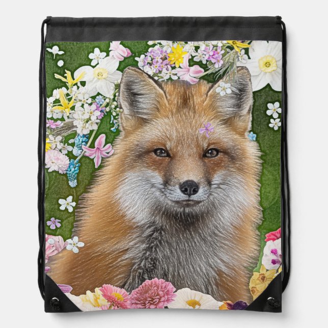 Fairytale Fox in Field of Flowers Drawstring Bag (Front)