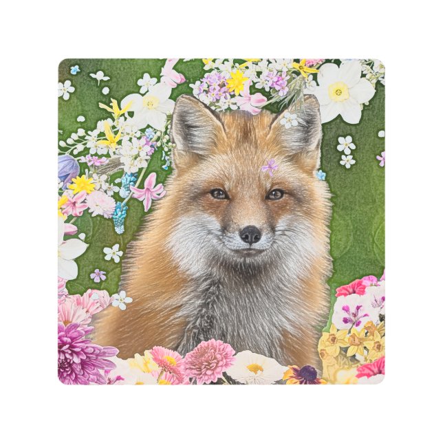 Fairytale Fox in Field of Flowers Metal Print (Front)
