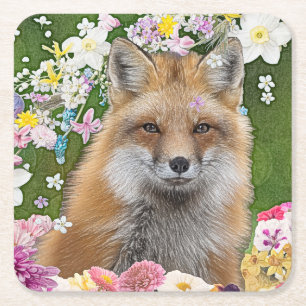 Fairytale Fox in Field of Flowers Square Paper Coaster