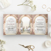 Pink Floral Fairytale Castle All in One Wedding Tri-Fold Invitation