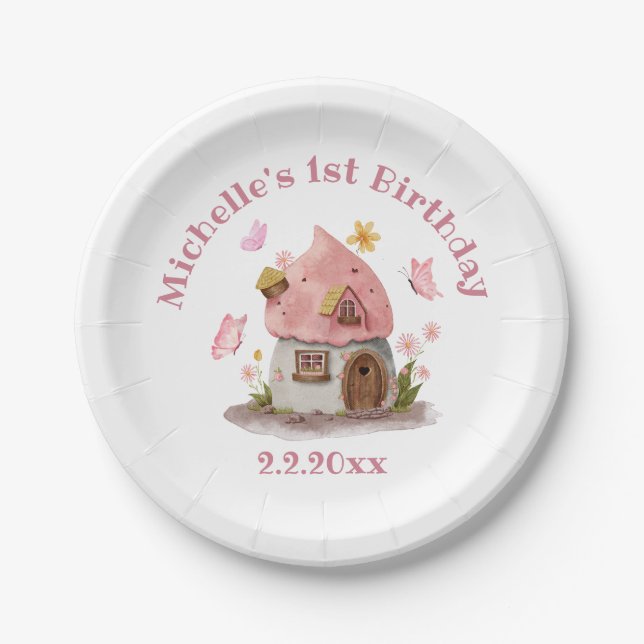  Fairytale house 1st birthday pink cute chic Paper Plates (Front)
