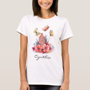 Fairytale House Watercolor Flowers & Butterflies T-Shirt