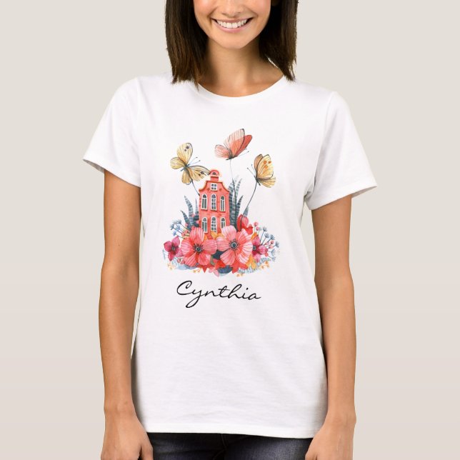 Fairytale House Watercolor Flowers & Butterflies T-Shirt (Front)