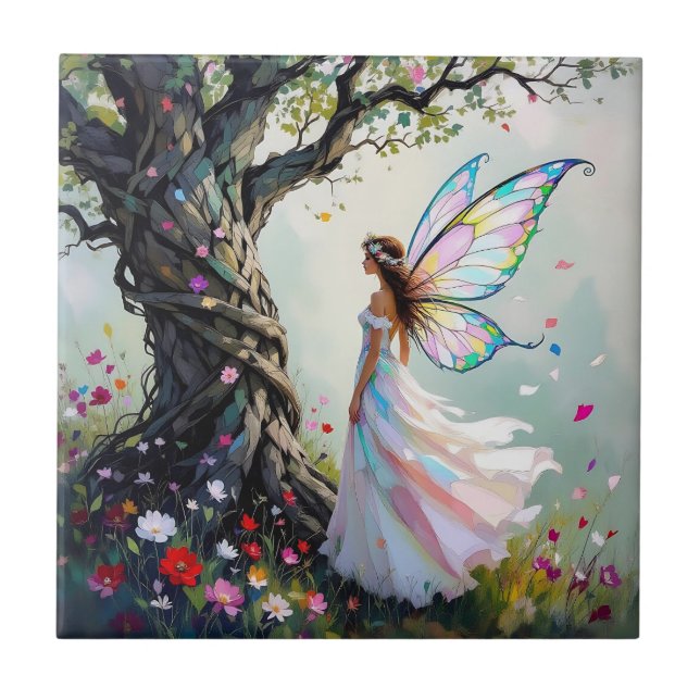 Fairytale Inspired Fairy and Whimsical Tree Ceramic Tile (Front)