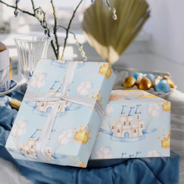 Fairytale magic castle gold crown blue balloons wrapping paper (Creator Uploaded)