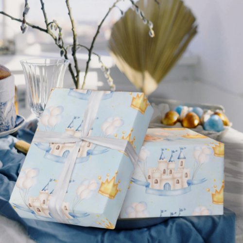 Fairytale magic castle gold crown blue balloons wrapping paper