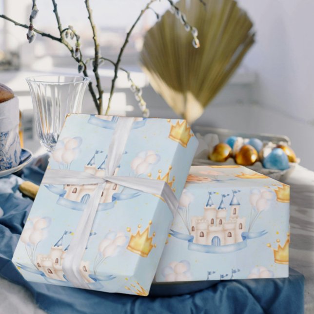 Fairytale magic castle gold crown blue balloons wrapping paper (Creator Uploaded)