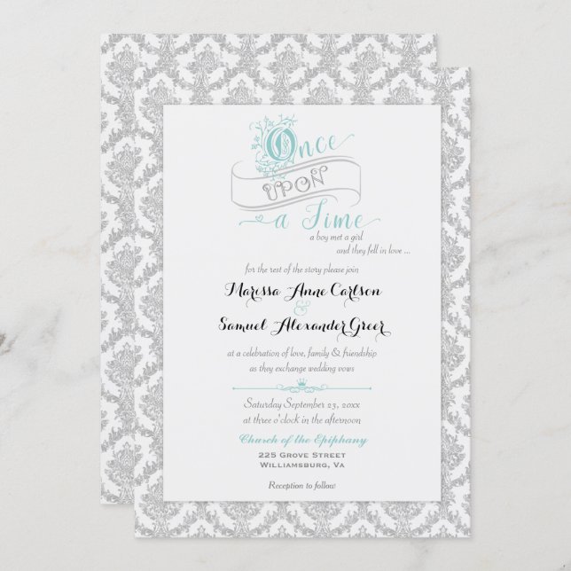 Fairytale Once Upon a Time Damask Turquoise Invitation (Front/Back)