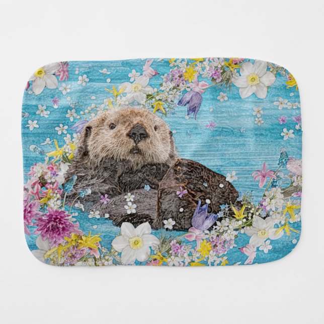 Fairytale Otter in River of Flowers Baby Burp Cloth (Front Horizontal)