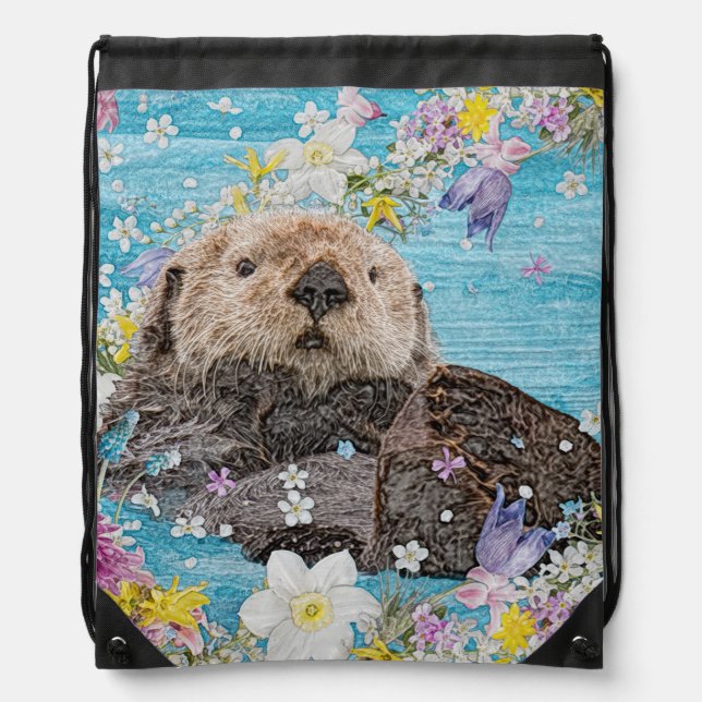 Fairytale Otter in River of Flowers Drawstring Bag (Front)